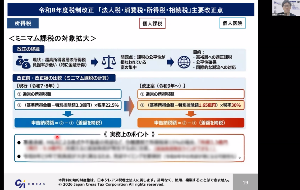 ミニマムタックス改正解説しているオンラインセミナーキャプチャー画面